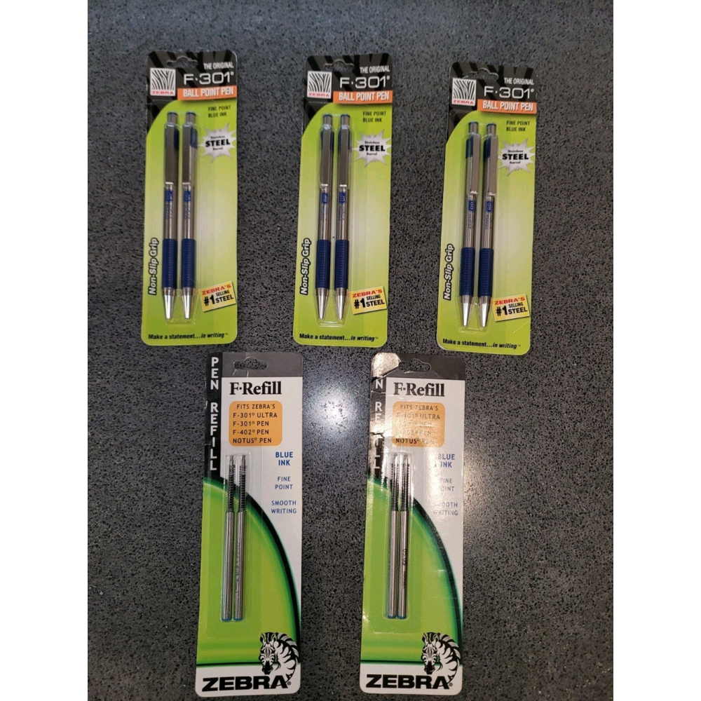 3 Zebra Pen Sets F-301 Fine Pt Blue Ink 0.7MM Lead Non-Slip Grip REFILLS NEW